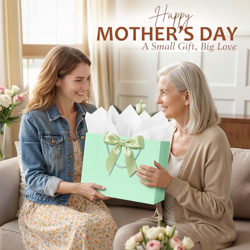 ANZNKU 2PCS Green Gift Bags with Handles, Cute Medium Gift Bags with 4 Tissue Paper 2 Ribbons 2 Cards for Wedding Bridal & Baby Shower Graduation Birthday Engagement Party Favors Present Wrapping - color: Mint Green