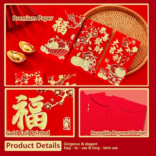 36pcs Red Envelopes Chinese New Year, Chinese Hong Bao Envelopes for Money, 2026 Lunar New Year of The Horse Red Packets with 6 Unique Gold Embossed Designs for Spring Festival, Large