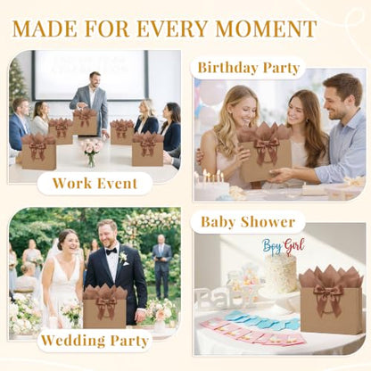 ANZNKU 2PCS Gift Bags 12.6" Medium Brown Gift Bags with Handles 4 Tissue Paper 2 Ribbons 2 Cards, Kraft Paper Gift Bag for Men Women Wedding Bridal Baby Shower Birthday Graduation Present Party Favors - color: Kraft Brown