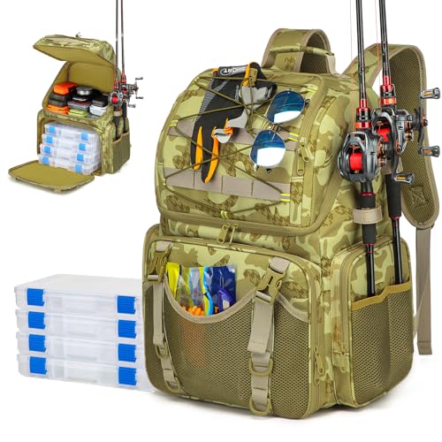 Fishing Backpack, 45L Large Cooler Fishing Tackle bag with Rod Holders & Rain Cover, Water-resistant Store Gear (Khaki Camo(With 4 Tackle Boxes)) - color: Khaki Camo(with 4 Tackle Boxes)