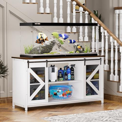 80 Gallon Fish Tank Stand with Power Outlet, Heavy Duty Aquarium Stand with Accessories Storage Cabinet and Sliding Barn Door - Metal Fish Tank Stand for Turtle, Reptile, for 2 Tanks, White+ Walnut