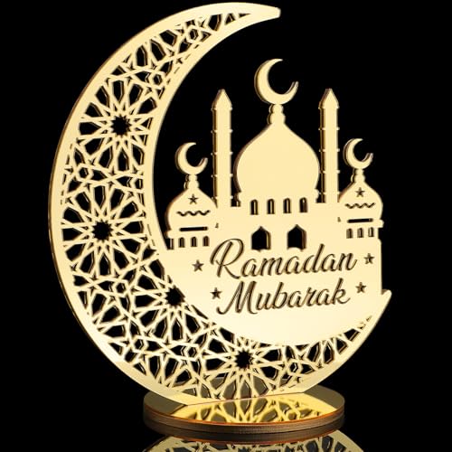 DoubleFill Ramadan Decorations Acrylic Ramadan Mubarak Centerpiece Islamic Mosque Muslim Table Sign EID Islamic Home Decor Crescent Moon Mosque Muslim Decor for Eid Mubarak Tabletop, 10in(Gold) - color: Gold
