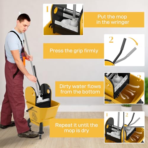 HOMCOM Mop Bucket with Wringer on Wheels, 27.5 Quart, with Mop, Yellow | Down Press Wringer, Handle and Mop, Floor Cleaning - color: Yellow, size: 27.5 Quart