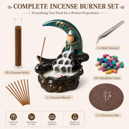 Ceramic Incense Holder Backflow Handcraft Moon Incense Burner with 30 Incense Cones 1 Tweezer 1 Mat 30 Incense Sticks for Home Decoration Ornament Aromatherapy and Meditation