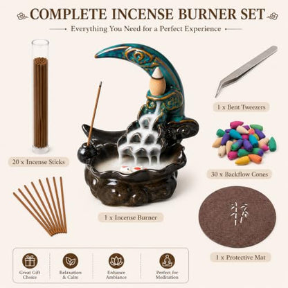 Ceramic Incense Holder Backflow Handcraft Moon Incense Burner with 30 Incense Cones 1 Tweezer 1 Mat 30 Incense Sticks for Home Decoration Ornament Aromatherapy and Meditation