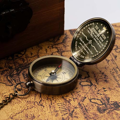 God's Guide & Blessing Compass, Trust in The Lord Compass, Wood Box Greeting, Inspirational Gift Men, Christian Boys Baptism Gifts, Graduation Day with Wooden Box - color: 6.Bronze To My Son Gift love Wooden Box