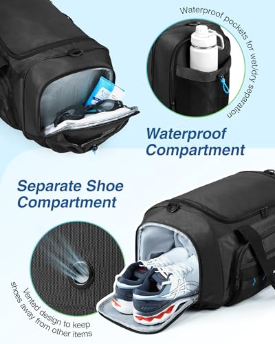 BAGSMART 4-in-1 Gym Bag for Women Men, TSA Duffle Bag for Travel | With Shoe Compartment & Wet Pocket, 22L/30L/38L Tactical Backpack with 40oz Water Bottle Holder, Lightweight, Water-resistant - color: Black