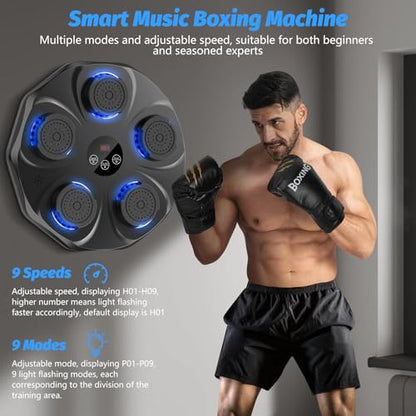 Music Boxing Machine, Interactive Punching Trainer with Boxing Gloves, Large Size Wall Mounted Electronic Boxing Target for Adult Kids, 9 Modes & 9 Speeds - color: Black