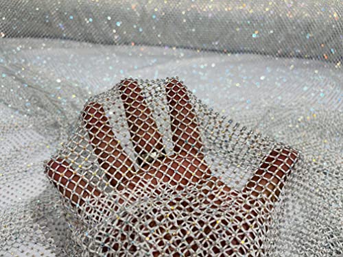 New Creations Fabric & Foam Inc, 45" Wide AB Iridescent Rhinestone On Soft Stretch Fish Net Fabric by The Yard (1 Yard, Iridescent Rhinestones on White Mesh) - color: Iridescent Rhinestones on White Mesh