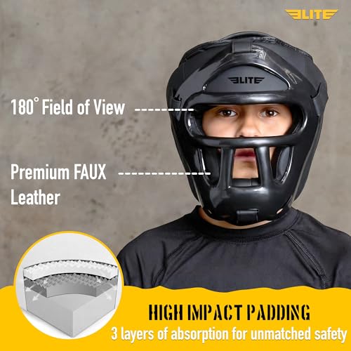 Elite Sports Best Kids Boxing Headgear Youth Wrestling Headgear for Age 4 to 13 Year MMA Kickboxing Muay Thai BJJ Karate Head Guard for Boys Girls (Black) - size: Medium