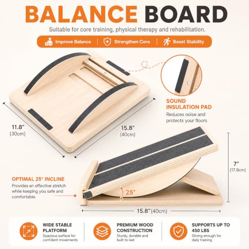MUCITAGF Professional 2-in-1 Wooden Balance Board & Slant Board, 3 Angle | Adjustable Incline Board and Calf Stretcher, Stretch Board for Knees Ankle Heel Feet Leg, Anti-Slip, 450 lbs Capacity