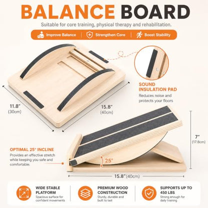 MUCITAGF Professional 2-in-1 Wooden Balance Board & Slant Board, 3 Angle | Adjustable Incline Board and Calf Stretcher, Stretch Board for Knees Ankle Heel Feet Leg, Anti-Slip, 450 lbs Capacity