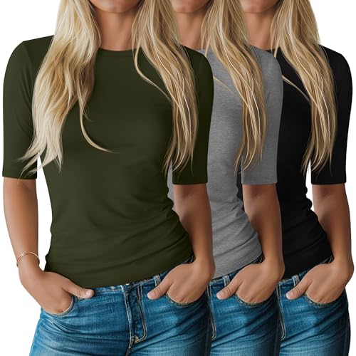 Riyiper 3 Pack Women's Half Sleeve Tops - color: Black, Army Green, Light Gray, size: XX-Large