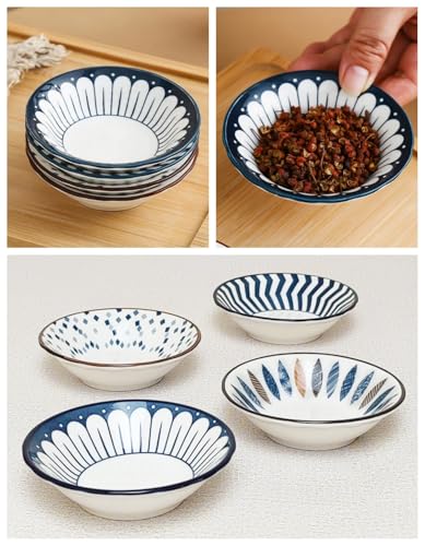4 Pack 3 oz Small Soy Sauce Dish Ceramic Dipping Sauce Bowls | Japanese Style/Cute/Mini Dipping Bowls for Sushi,Side Dish,Ketchup,Dips,Condiment,Snack/BBQ Party/Stackable - color: Navy Blue