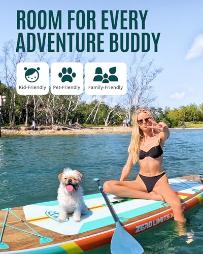 ZLX 11'6"x35" Ultra Wide Inflatable Stand Up Paddle Board | Stable Non-Slip Deck Pad, Unique Fin System, Premium SUP Accessories & Backpack - Upgraded Pump for Adults, All Skill Levels - color: Brown Wood
