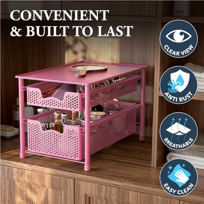 Simple Houseware Stackable 2 Tier Sliding Basket Organizer Drawer, Pink - color: Pink, size: 2-Tier