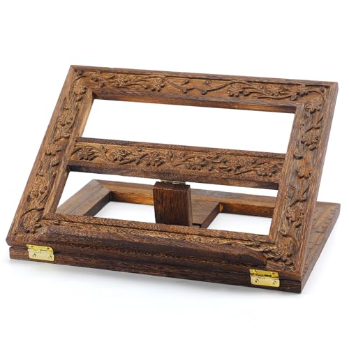 DoubleFill Adjustable Wooden Bible Stand Carved Bible Holder Missal Stand Book Display for Reading Folding Religious Prayer Wooden Holy Book Holder 12.99 x 10.04 Inches(Dark Brown) - color: Dark Brown