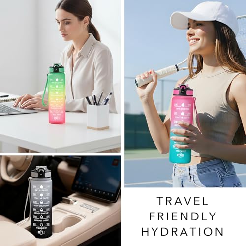 Hyeta Water Bottle with Straw & Time Marker, Plastic 32oz Leakproof | Motivational Tritan BPA Free Gym Office Outdoor Intake Tracker Hourly Reminder Straw Lid Carry Strap - color: Clear Cerulean