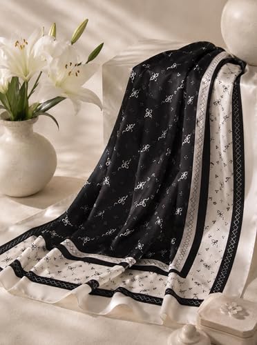 Satin Hijab Scarf for Women, Silk-Feeling Muslim Headscarf, Digital Bow Letter Print Head Wrap Shawl for Summer - color: Mlp004-black