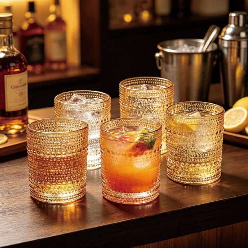 Flrolove Hobnail Drinking Glasses Set of 4, 10oz Amber Vintage Glasses | Cocktail Glasses, Vintage Glasses Drinking Set, Mixed Drinkware Set Vintage Glassware Set for Juice, Cocktail, Whisky, Soda