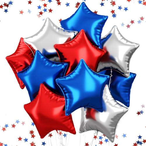 FEYG Star Balloons, 10 pcs Red Blue Silver, 18" Aluminum Foil, Self-Sealing, for Helium, Party Decorations, Wide Occasions - color: Red Blue