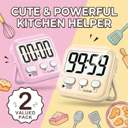 2 Pack Digital Timer for Kids Classroom Kitchen Timers for Cooking | w/ Battery, Easy to View, Alarm, Mute Mode, Count Down/Up, Magnetic, Kickstand, Hanging, Classroom Timer for Teacher Supplies - color: 2 * Lovely Pink + Light Peach