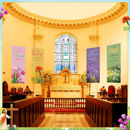 Panelee 4 Pcs Church Banners for Sanctuary Wall Blooming Flower Church Banners with Scripture Inspirational Religious Praise Bible Verses Hanging Backdrop Signs for Sunday School Worship Decoration - style: Bible Flower