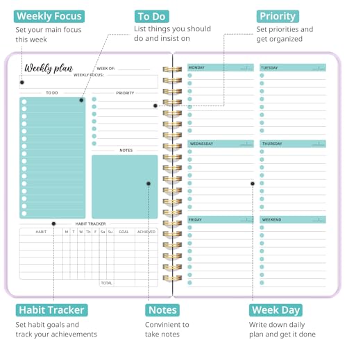 Taja Undated Weekly Planner, Weekly To Do List Notebook with Goal & Habit Tracker Organizer, A5 Weekly Planner Notebook with Spiral Binding, 6.1" x 8.2" - Purple - color: g.Purple