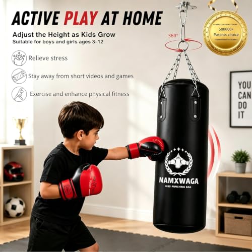 Kids Punching Bag Set Unfilled, Hanging Boxing Bag Kickboxing Bag with Boxing Gloves, Kids Boxing Set for 3-12 Years, for Youth Karate Muay Thai Kick Taekwondo Training