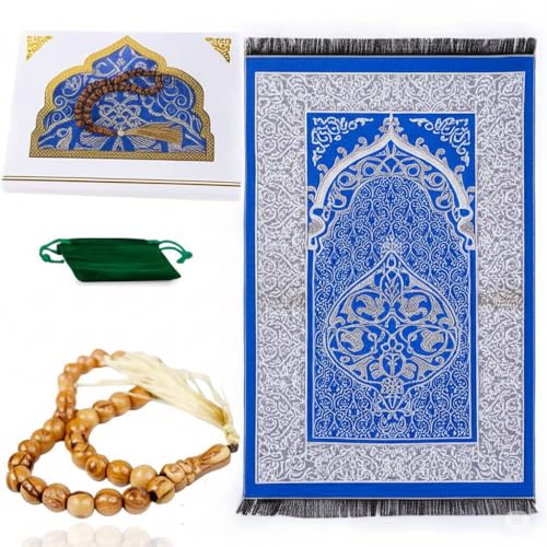 Islamic Prayer Rug with Olive Wood Misbaha – Portable Muslim Prayer Mat & 33 Beads Tasbih from The Holy Land – Ideal for Ramadan, Hajj, Umrah & Daily Salah