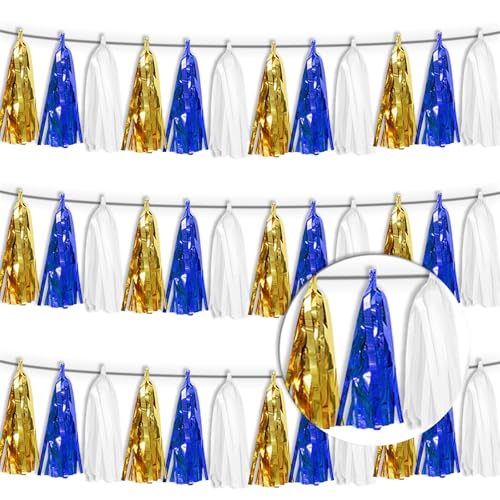 3 Pack Navy-Blue White and Gold Tassel Banner Garland Metallic Foil Fringe Banner Tinsel Tassels Streamer Banner Backdrop for Parade Floats, 2025 Graduation, Retirement Party Decoratio - color: Navy Blue White Gold