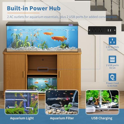 DHH 55-75 Gallon Fish Tank Stand with Power Outlet, Mid Century Modern Aquarium Stand with Adjustable Shelves and Sliding Door,Heavy Duty Reptile Tank Stand for Turtle Terrarium, 1000LB (Yellow Oak)