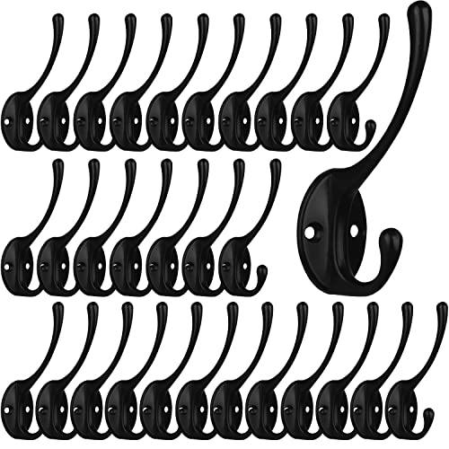 IBosins 30 Pack Heavy Duty Utility Black Dual Coat Hooks for Coat, Bag, Hat | Coat Hooks Wall Mounted with 60 Screws Retro Double Hooks Utility Hooks for Scarf, Towel, Key, Cap, Cup - color: 30 Pcs Black
