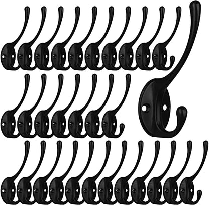 IBosins 30 Pack Heavy Duty Utility Black Dual Coat Hooks for Coat, Bag, Hat | Coat Hooks Wall Mounted with 60 Screws Retro Double Hooks Utility Hooks for Scarf, Towel, Key, Cap, Cup - color: 30 Pcs Black
