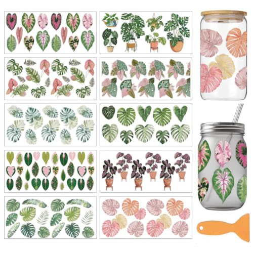 arricraft 10 Sheets Leaf Theme UV DTF Cup Wrap for 16OZ Glass, Tropical Leaves Rub on Decals PVC Transfer Stickers for DIY Cups Window Home Printing Decoration 24x11cm/9.4x4.3inch - style: Tropical Leaves Theme