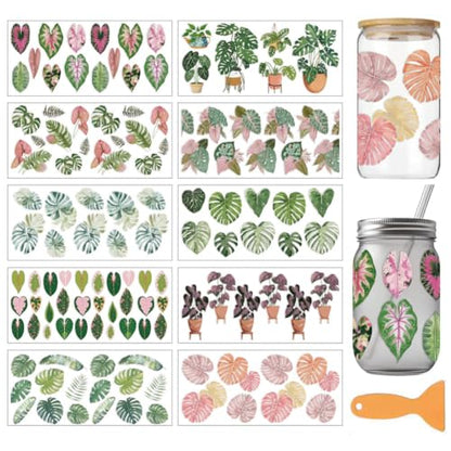 arricraft 10 Sheets Leaf Theme UV DTF Cup Wrap for 16OZ Glass, Tropical Leaves Rub on Decals PVC Transfer Stickers for DIY Cups Window Home Printing Decoration 24x11cm/9.4x4.3inch - style: Tropical Leaves Theme