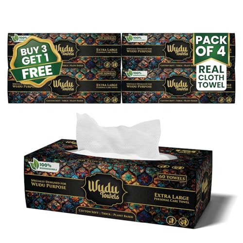 Biodegradable Plant-Based Dry Towels for Ablution, Hands, Face & Feet, Home, Mosque & Travel, 60 Count (Pack of 4), 240 Towels Total