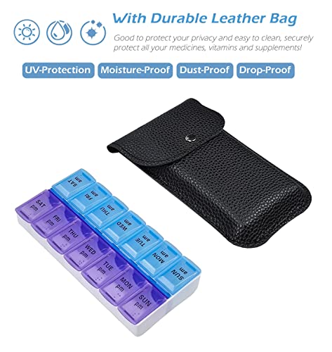 VOFOON Travel Pill Organizer 2 Times a Day, Large AM PM Pill Organizer 7 Day, PU Leather Daily Pill Box Case, Weekly Pill Medicine Organizer for Vitamins Medicine Fish Oils Supplements (L Size) - size: Large 7 Days x 2 Compartments