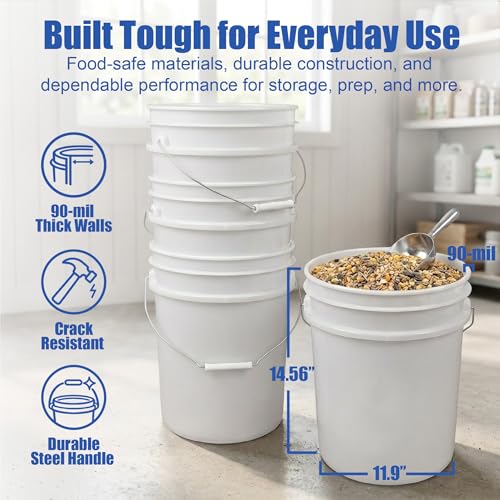 5 Gallon Bucket - Food Grade w/Lid BPA-Free, White/Green, 3 | Airtight Gamma Seal Screw-On Lid, Heavy-Duty 90 Mil HDPE Plastic, Food Safe and Durable Container, Bulk Storage, Made in USA - color: White/Green, size: 3 Packs
