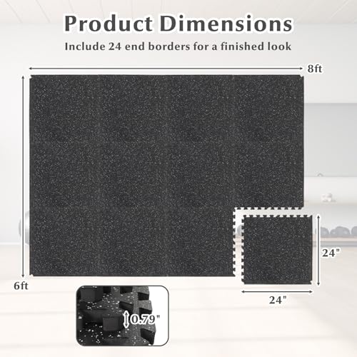 12 Tiles Exercise Mat, 48 Sq.Ft Interlocking Foam Floor Mat with Rubber Top, Non-Slip Waterproof Puzzle Gym Mat for Home Workout Equipment & Garage, 0.79" Thick (Black)