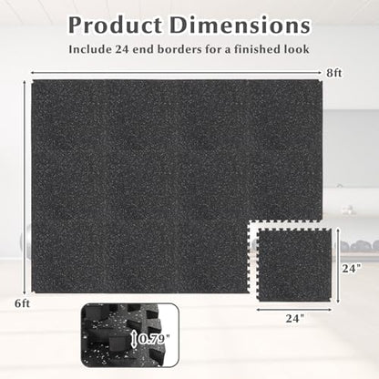 12 Tiles Exercise Mat, 48 Sq.Ft Interlocking Foam Floor Mat with Rubber Top, Non-Slip Waterproof Puzzle Gym Mat for Home Workout Equipment & Garage, 0.79" Thick (Black)