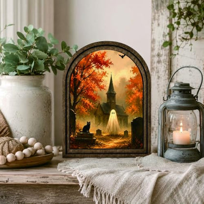 Halloween Ghost Cat Arched Table Sign, Rustic Farmhouse Decor - color: Ghost Church Graveyard