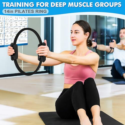 Goocrun Pilates Ring Set Exercise Equipment, with Exercise Resistance Bands Set, Pilates Ball, Sliding Disks. Portable Home Gym - with Fitness Guide Poster - color: Black, size: Basic-level