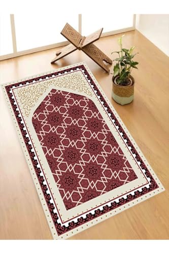 Prayer Rug Machine Washable Stain Resistant Non-Slip Backing Tassel-Free Polyester Comfortable Islamic Praying Mat for Home Travel, Burgundy - Burgundy, 28x43 inch