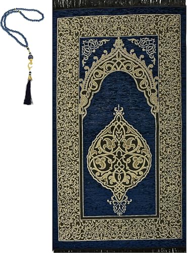 Prien Prayer Rug with Tasbih | Muslim Carpet | Praying Mat with Prayer Beads | Islamic Gifts for Women Men | Islam Portable Pray Set for Travel Kids Ramadan Namaz Hajj Umrah (Navy Blue) - color: Navy Blue