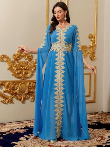 Women Muslim Abaya Kaftan Dress Lace Ethnic Moroccan Dress Eid Prayer Clothes Arabian Maxi Robe - color: Blue, size: X-Small