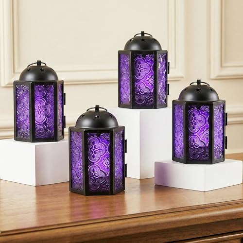 Vela Lanterns Decorative Indoor Mini Tea Light Candle Holders, Purple | Gothic Witchy Home Decor, Moroccan Votive Lanterns, Metal Hanging Lamps, Halloween Vampire Table Centerpieces, 4pc - color: Royal Purple