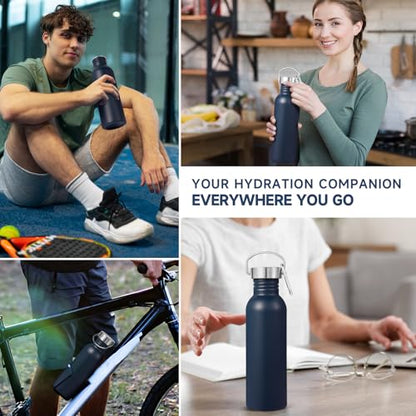 Volhoply 26oz Uninsulated Single Walled Water Bottle, Stainless Steel Reusable Water Bottles with Handle & Carabiner, BPA Free Wide Mouth Water Bottles for Gym Sports Camping（Navy,1） - color: Navy