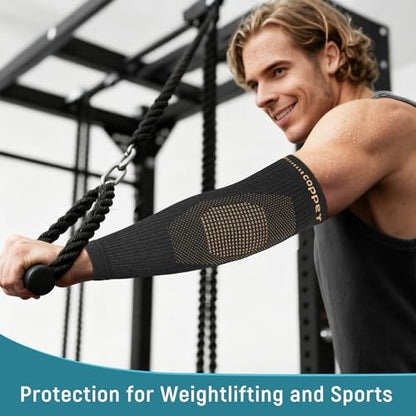 Copper Elbow Compression Sleeve - Tennis & Golfers Elbow Support Brace, Extends to Forearm for Complete Pain Relief, Wider Fit Hugs Joint, Small - size: Small