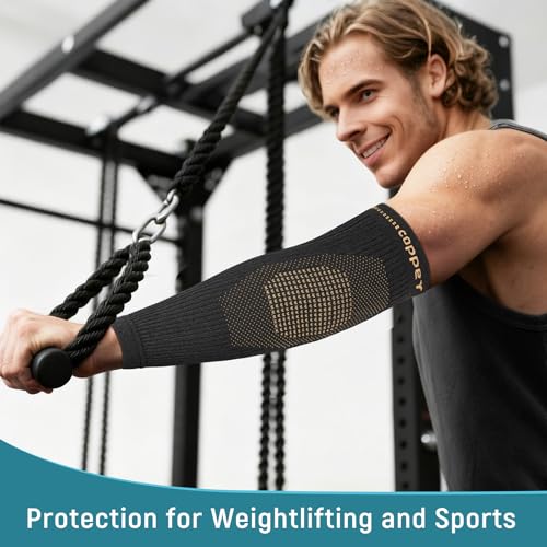 Copper Elbow Compression Sleeve - Tennis & Golfers Elbow Support Brace, Extends to Forearm for Complete Pain Relief, Wider Fit Hugs Joint, Large - size: Large